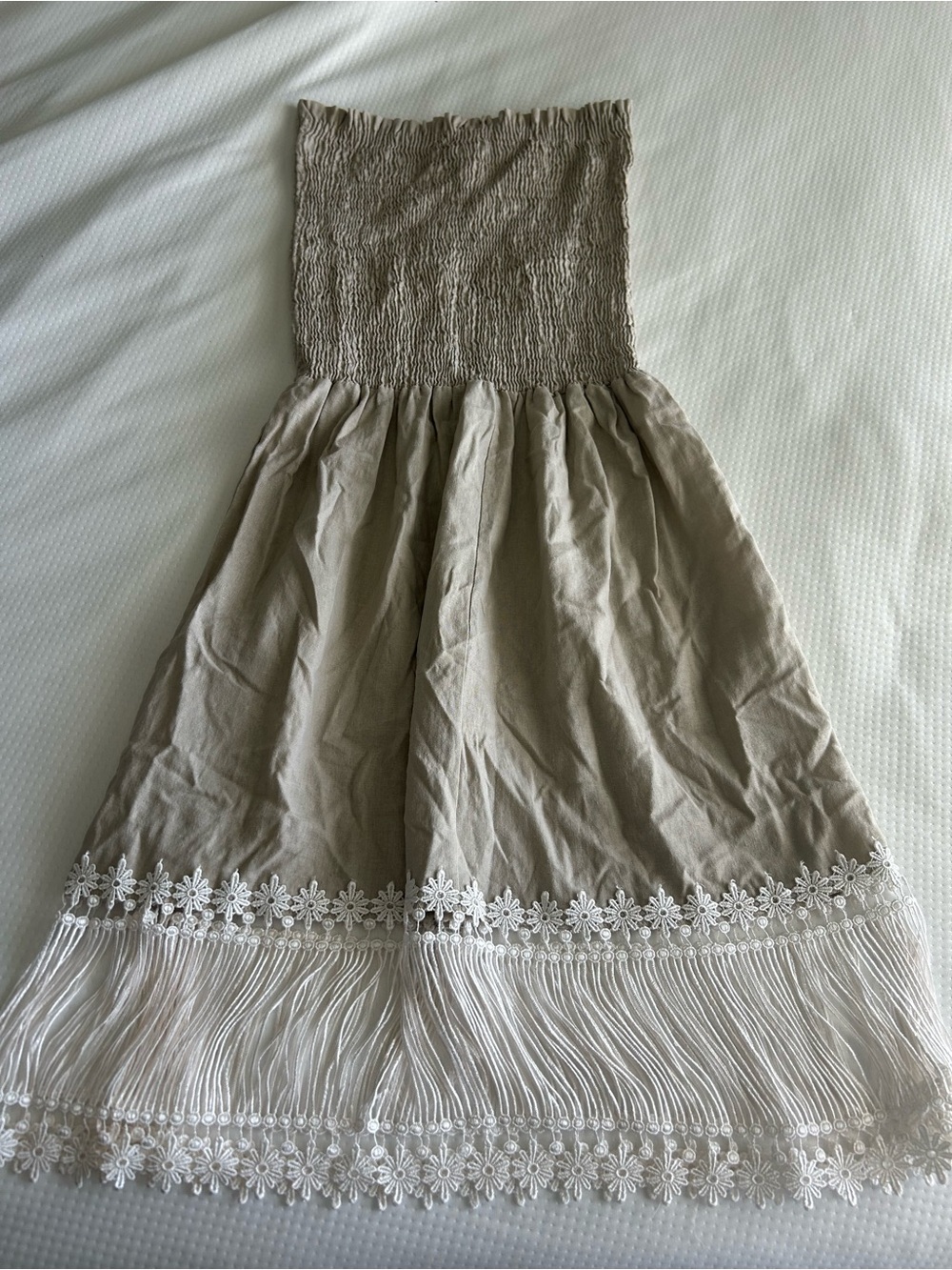 Vintage 100% Linen Beige Textured & Lace Trim Midi Dress - Neutral Beige - Picture 8 of 8